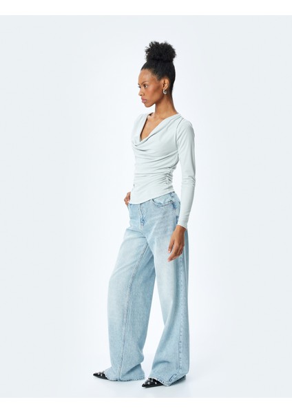 Degaje Yaka Uzun Kollu Slim Fit Drapeli Bluz