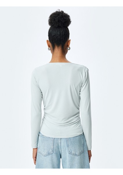Degaje Yaka Uzun Kollu Slim Fit Drapeli Bluz