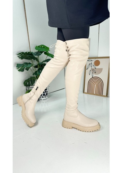 Günlük Kadın Çizme Streç Kalın Topuklu Tırtıklı Taban Oval Burunlu Esnek Rahat Fermuarlı Dizüstü 230 fiyatları