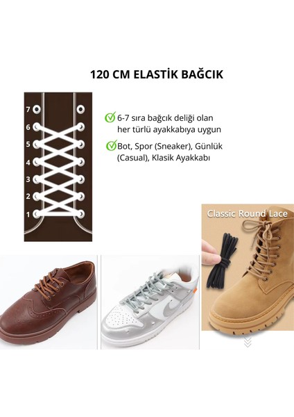 120 cm Elastik Bağcık, Yuvarlak Lastikli Ayakkabı Bağcığı, Bot Bağcığı, 1 Çift