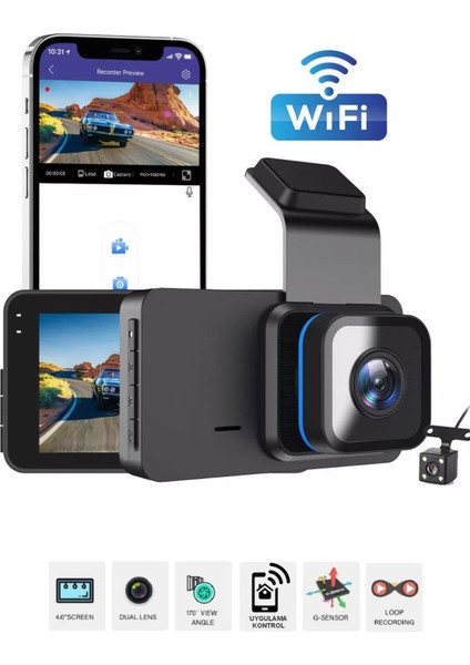 Idragon T603 Araç Kamerası 1080P Video Kaydı 3inç Ekranlı Wifi App Control Gece Görüşü Geri Görüş Kamerası