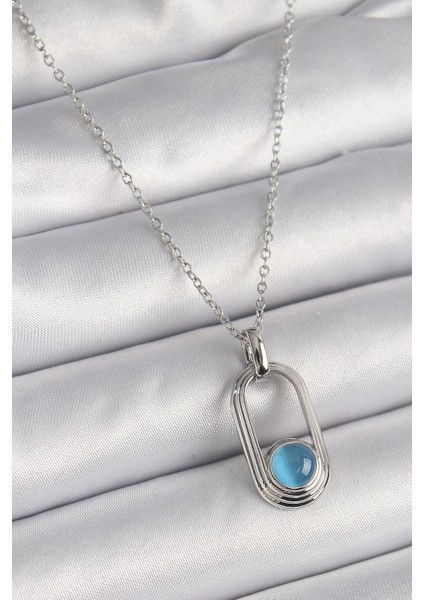 Gümüş Renk Zincir Mavi Kedi Göz Model Kadın Kolye - EBJ241221W30080