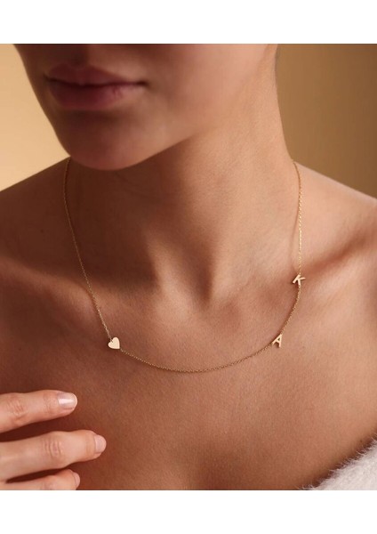 Kalp Formlu Altın Iki Harfli Kolye 14 Ayar