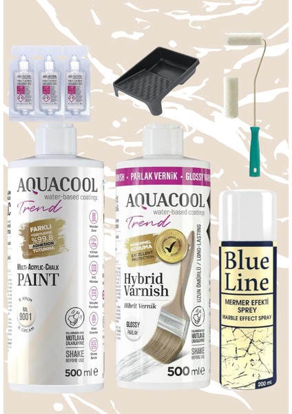 Aquacool 500 ml Mermer Efekt Tezgah Boyama Seti Akrilik Boya Katalizör Kadife Rulo Boyacı Tavası