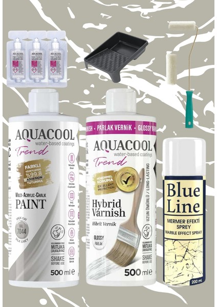 Aquacool 500 ml Mermer Efekt Tezgah Boyama Seti Akrilik Boya Katalizör Kadife Rulo Boyacı Tavası