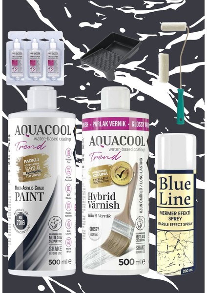 Aquacool 500 ml Mermer Efekt Tezgah Boyama Seti Akrilik Boya Katalizör Kadife Rulo Boyacı Tavası
