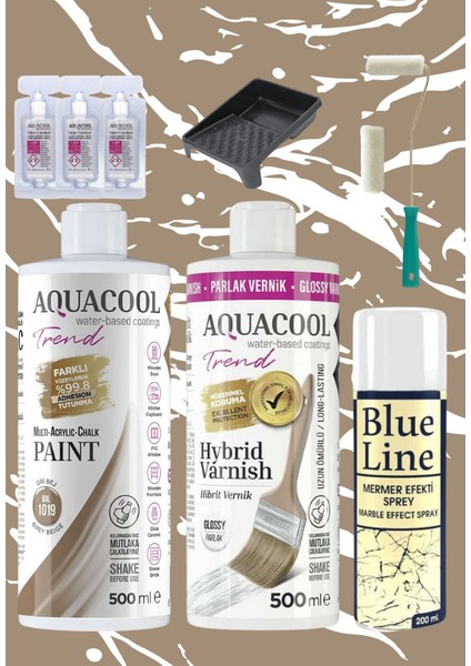 Aquacool 500 ml Mermer Efekt Tezgah Boyama Seti Akrilik Boya Katalizör Kadife Rulo Boyacı Tavası