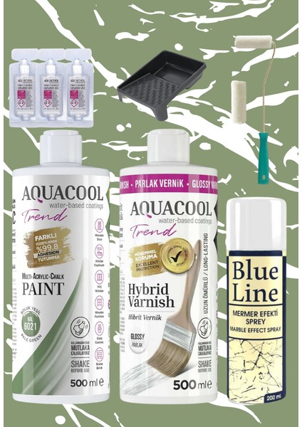 Aquacool 500 ml Mermer Efekt Tezgah Boyama Seti Akrilik Boya Katalizör Kadife Rulo Boyacı Tavası