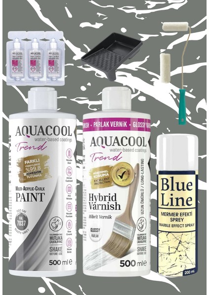 Aquacool 500 ml Mermer Efekt Tezgah Boyama Seti Akrilik Boya Katalizör Kadife Rulo Boyacı Tavası