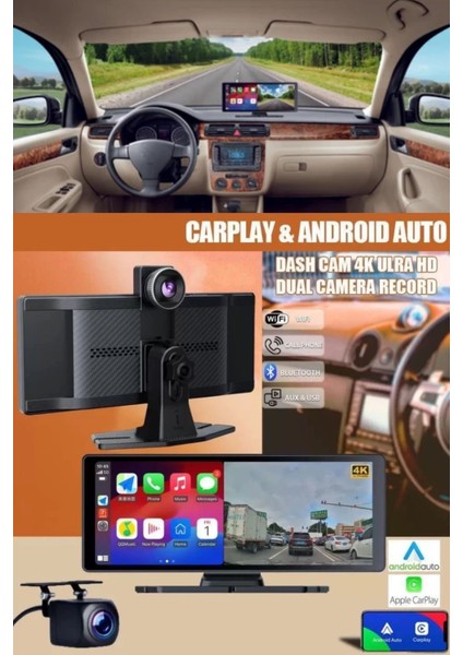 Idragon C1 Araç Kamerası Carplay & Android Auto, Ön & Arka Kameralı Torpido Üstü Araç Multimedya