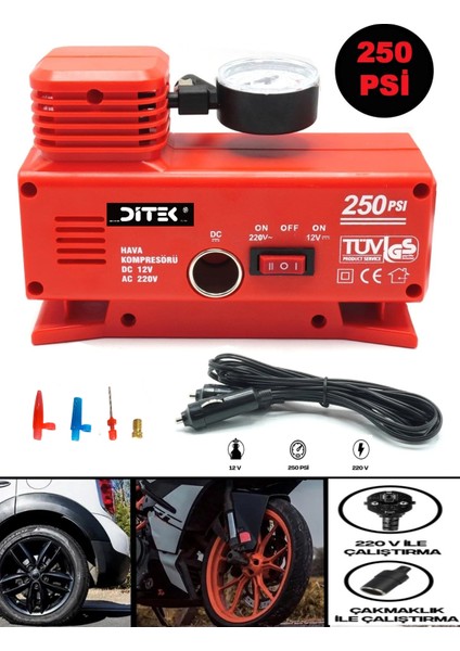 Araba Oto Araç Lastik Şişirme Pompası Hava Kompresörü 250PSI Dc 12-Ac 220 Volt Kompresör Pompa Seti