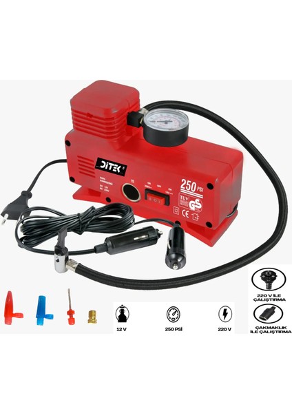 Araba Oto Araç Lastik Şişirme Pompası Hava Kompresörü 250PSI Dc 12-Ac 220 Volt Kompresör Pompa Seti