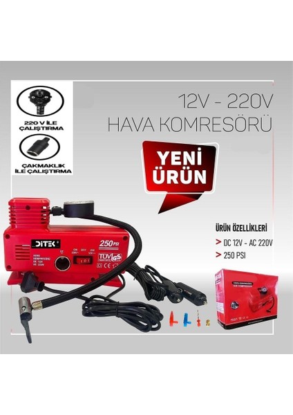 Araba Oto Araç Lastik Şişirme Pompası Hava Kompresörü 250PSI Dc 12-Ac 220 Volt Kompresör Pompa Seti