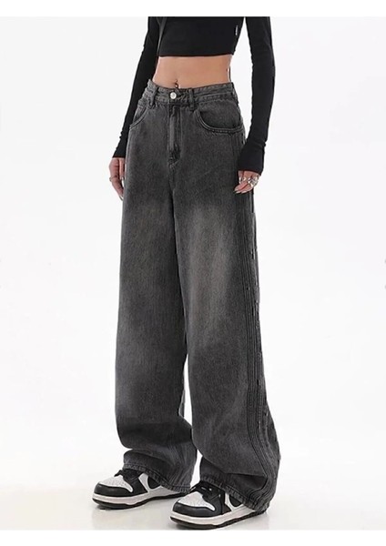 Y2K Siyah Yıkamalı Baggy Jean Bol Paça Pantolon