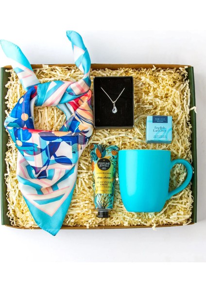 Mavi Desenli Fular - Damla Kolye - Eyüp Sabri Tuncer El Kremi - Mavi Kupa - Müslin Çay Hediye Seti