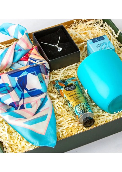 Mavi Desenli Fular - Damla Kolye - Eyüp Sabri Tuncer El Kremi - Mavi Kupa - Müslin Çay Hediye Seti fiyatları