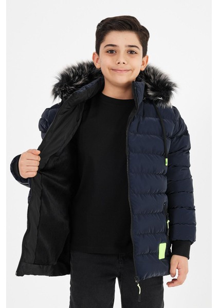 Lacivert Erkek Çocuk Çıkartılabilir Kapüşonlu Şişme Deri Karışımlı Kumaş Mont&kaban