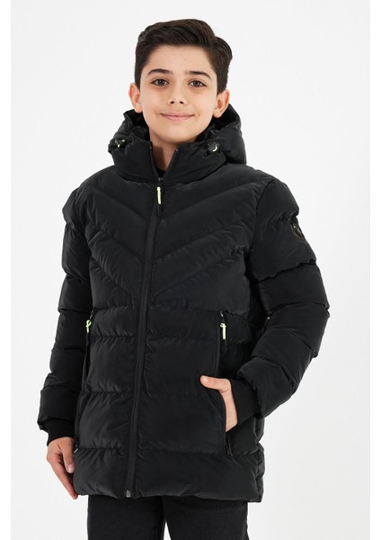 Siyah Erkek Çocuk Sabit Kapüşonlu Şişme Deri Karışımlı Kumaş Mont&kaban fırsatları