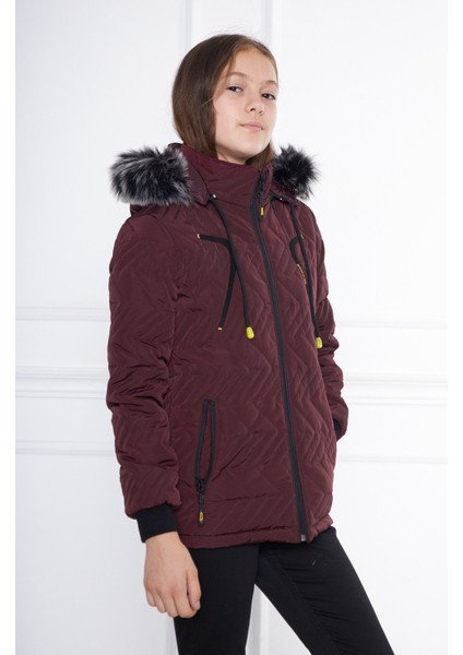 Bordo Kız Çocuk Su ve Rüzgar Geçirmez Çıkartılabilir Kapüşonlu Kapitone Mont&kaban