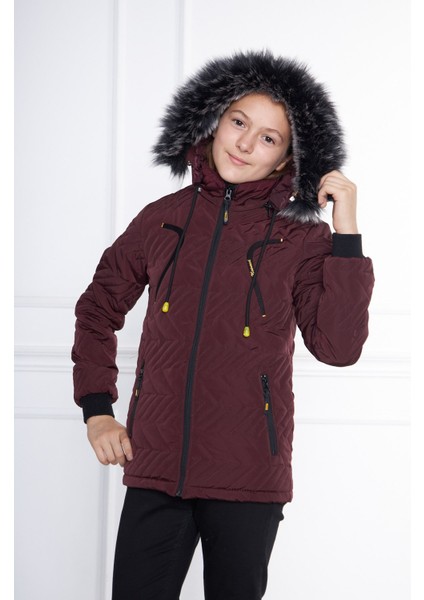 Bordo Kız Çocuk Su ve Rüzgar Geçirmez Çıkartılabilir Kapüşonlu Kapitone Mont&kaban modelleri