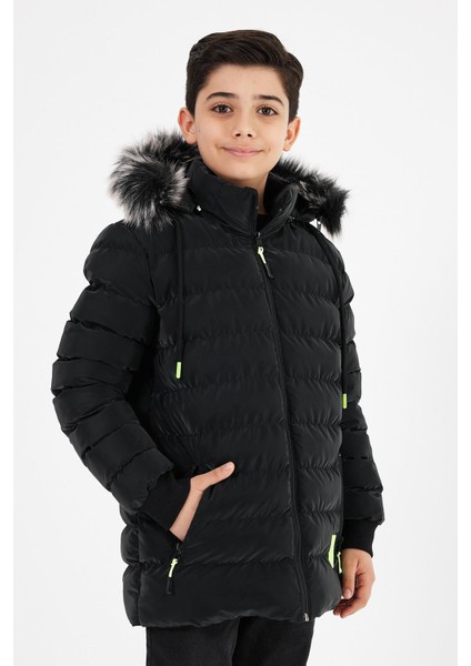 Siyah Erkek Çocuk Çıkartılabilir Kapüşonlu Şişme Deri Karışımlı Kumaş Mont&kaban