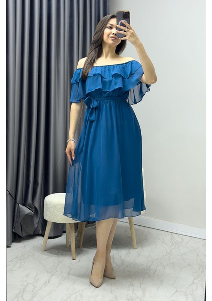 Madonna Carmen Fırfır Yaka Büyük Beden Şifon Elbise Gül Kurusu, Siyah, Beyaz,Saks, Yeşil, Kırmızı, Pembe, Bebe Mavi, Mor, Sarı