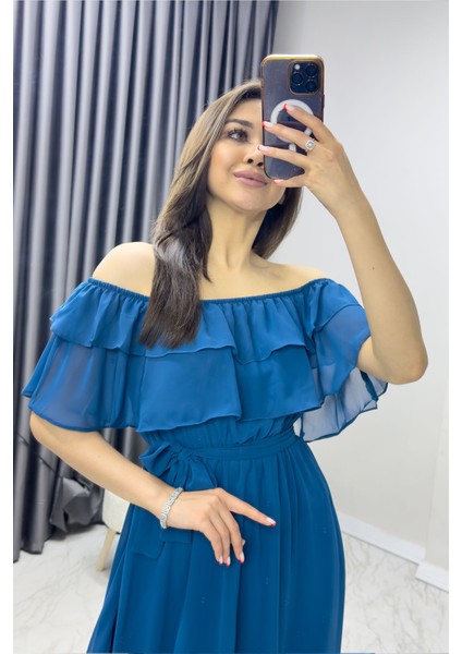 Madonna Carmen Fırfır Yaka Büyük Beden Şifon Elbise Gül Kurusu, Siyah, Beyaz,Saks, Yeşil, Kırmızı, Pembe, Bebe Mavi, Mor, Sarı fiyatları