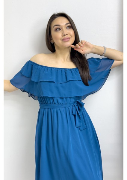 Madonna Carmen Fırfır Yaka Büyük Beden Şifon Elbise Gül Kurusu, Siyah, Beyaz,Saks, Yeşil, Kırmızı, Pembe, Bebe Mavi, Mor, Sarı modelleri