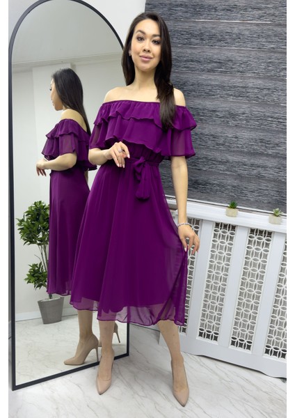 Madonna Carmen Fırfır Yaka Büyük Beden Şifon Elbise Gül Kurusu, Siyah, Beyaz,Saks, Yeşil, Kırmızı, Pembe, Bebe Mavi, Mor, Sarı