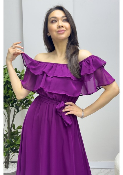 Madonna Carmen Fırfır Yaka Büyük Beden Şifon Elbise Gül Kurusu, Siyah, Beyaz,Saks, Yeşil, Kırmızı, Pembe, Bebe Mavi, Mor, Sarı modelleri