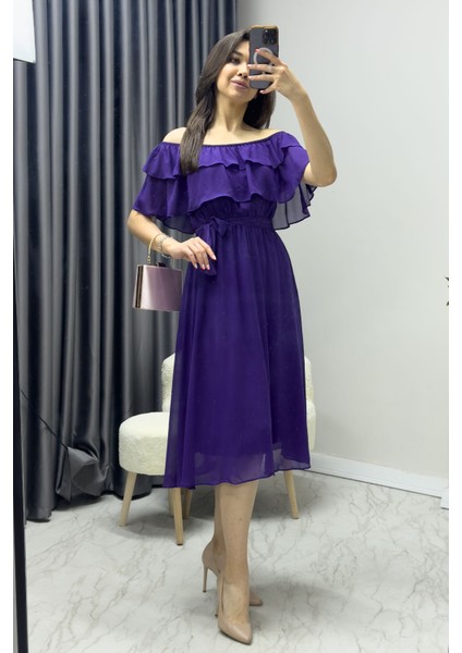 Madonna Carmen Fırfır Yaka Büyük Beden Şifon Elbise Gül Kurusu, Siyah, Beyaz,Saks, Yeşil, Kırmızı, Pembe, Bebe Mavi, Mor, Sarı