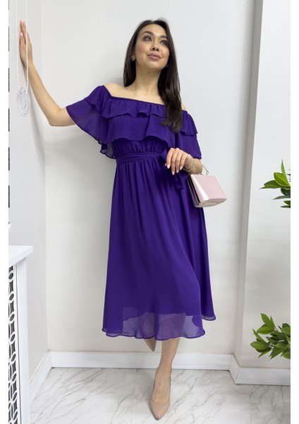 Madonna Carmen Fırfır Yaka Büyük Beden Şifon Elbise Gül Kurusu, Siyah, Beyaz,Saks, Yeşil, Kırmızı, Pembe, Bebe Mavi, Mor, Sarı fiyatları