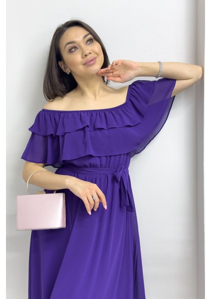 Madonna Carmen Fırfır Yaka Büyük Beden Şifon Elbise Gül Kurusu, Siyah, Beyaz,Saks, Yeşil, Kırmızı, Pembe, Bebe Mavi, Mor, Sarı modelleri