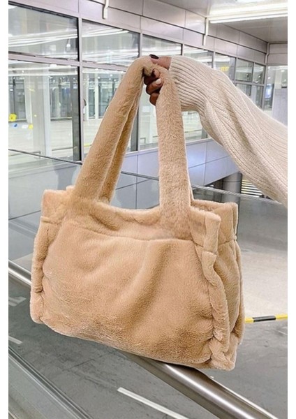 Peluş Camel Yumuşak Dokulu Tote Omuz Çantası