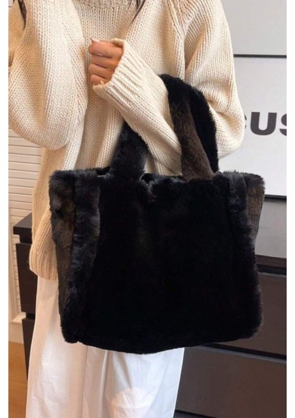 Peluş Siyah Yumuşak Dokulu Tote Omuz Çantası