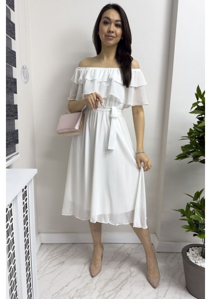 Madonna Carmen Fırfır Yaka Büyük Beden Şifon Elbise Gül Kurusu, Siyah, Beyaz,Saks, Yeşil, Kırmızı, Pembe, Bebe Mavi, Mor, Sarı