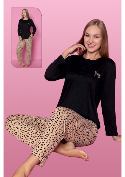 Viskon Likralı Kadın Pijama Takımı Leopar Desen 25300 Siyah