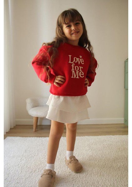 Love Forme Nakışlı Sweat Etek Kız çocuk takım - Kırmızı