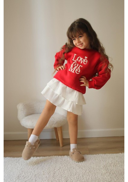 Love Forme Nakışlı Sweat Etek Kız çocuk takım - Kırmızı