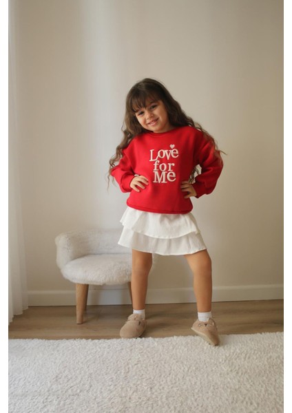 Love Forme Nakışlı Sweat Etek Kız çocuk takım - Kırmızı
