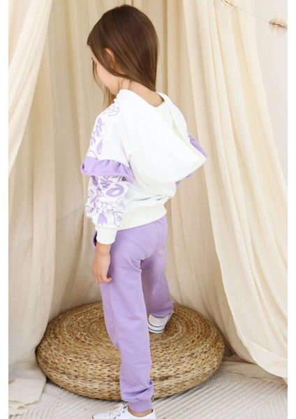 Kız Çocuk Kollarında Fırfır Detayı Üzerinde Yaprak Baskılı Kapüşonlu Lila Eşofman Takım fiyatları