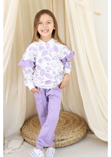 Kız Çocuk Kollarında Fırfır Detayı Üzerinde Yaprak Baskılı Kapüşonlu Lila Eşofman Takım fırsatları