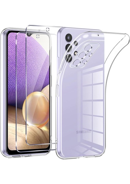 Samsung Galaxy A32 Şeffaf Silikon Kılıf + 2 Adet Cam Ekran Koruyucu Seti