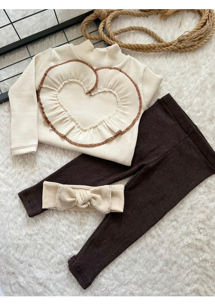 Çocuk Bebek Kalpli Bluz Tayt ve Bandana Seti