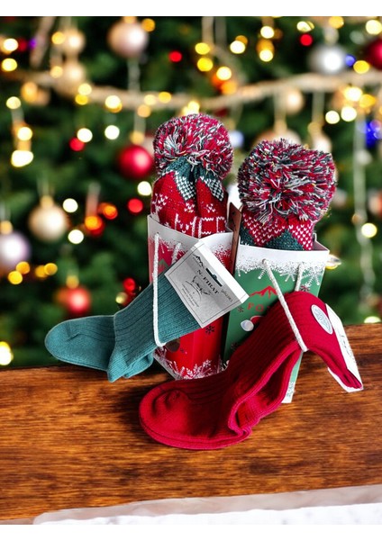 Fırat Fonem Christmas Yılbaşı Bere ve Çorap Seti 2 Çorap 2 Bere