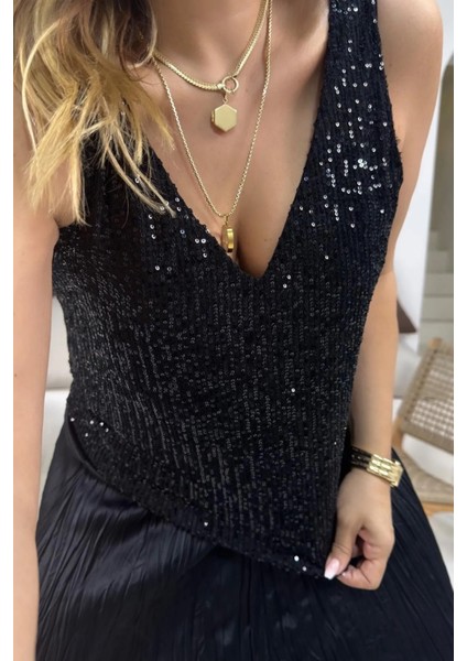 V Yaka Payetli Bluz Siyah