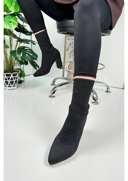 Günlük Kadın Bot Yüksek Kalın Topuklu Triko Esnek Sivri Burunlu Tırtıklı Taban Rahat Bootie 168 modelleri