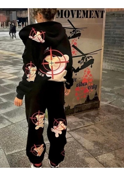 Özel Tasarım Kapüşonlu Ayıcıklar Baskılı Şardonlu Kışlık Luxury Kadın Eşofman Takımı