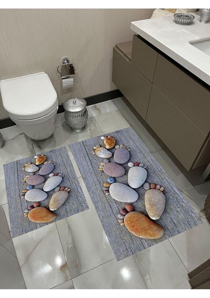 Dijital Baskı Modern Desenli Banyo Halısı Ikili Banyo Paspası (40 cm x 60 cm )VE(60 cm x 100 cm )