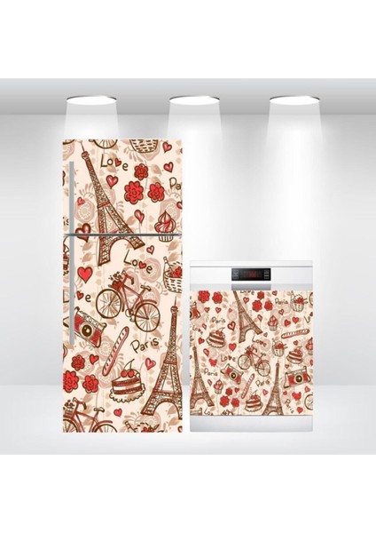 Buzdolabı ve Bulaşık Makinesi Kapak Sticker Kendinden Yapışkanlı Folyo Kaplama Eyfel Bisiklet